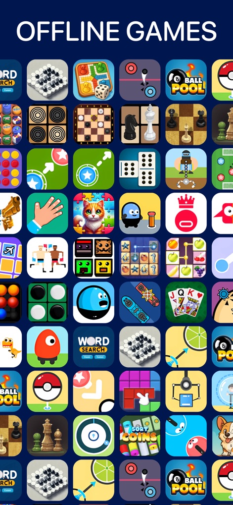 2 Player Games Offline - 1234 - La galería de iconos (X) subraya la amplitud de géneros ofrecidos, desde ajedrez hasta juegos de habilidad (Y), todos accesibles sin necesidad de internet.