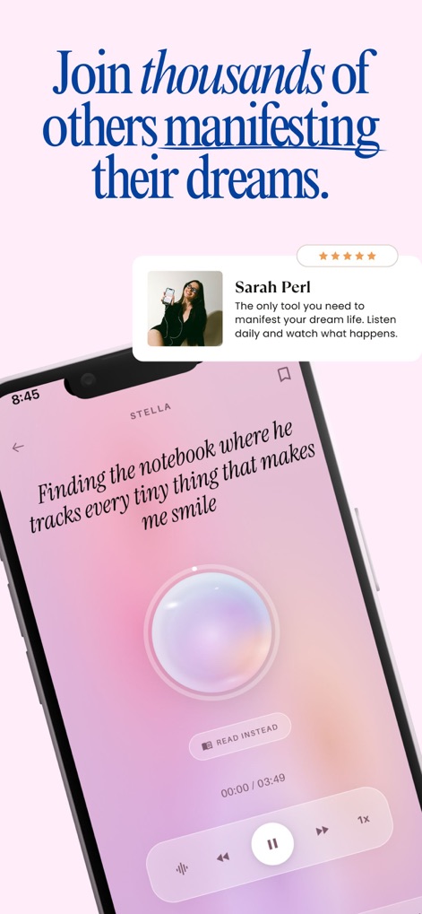 Stella - Manifest Anything - The app features authentic user testimonials, such as the 5-star review from Sarah Perl, alongside its engaging audio playback interface to inspire and motivate.
