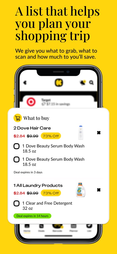 KCL: Coupons, Deals & Savings - This tool offers a comprehensive 'What to buy' shopping list, complete with essential details like product prices and clear deal expiration dates.