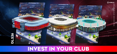 Dream League Soccer 2026 - La imagen exhibe la diversidad en el diseño de estadios, con tres estructuras distintivas que ofrecen a los usuarios opciones de personalización y expansión para su club.