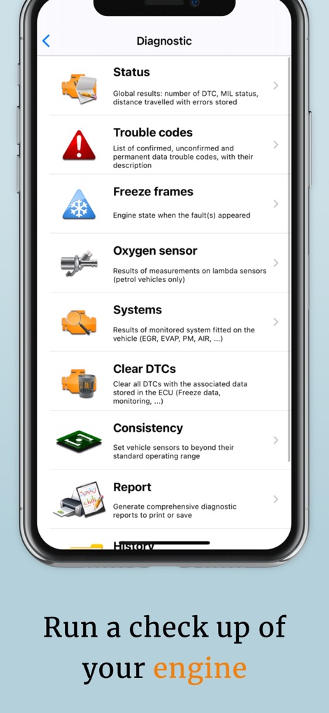 OBD2 Car Scanner - EOBD Facile - Explore the comprehensive diagnostic menu, offering access to crucial functions such as 'Trouble codes' for detailed error information and the ability to 'Clear DTCs' directly from the app.