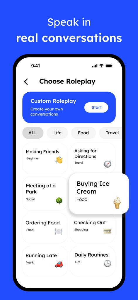 Language Learning: Pingo AI - Explore the app's "Choose Roleplay" interface, offering both a "Custom Roleplay" builder and a rich selection of practical conversational scenarios for authentic practice.