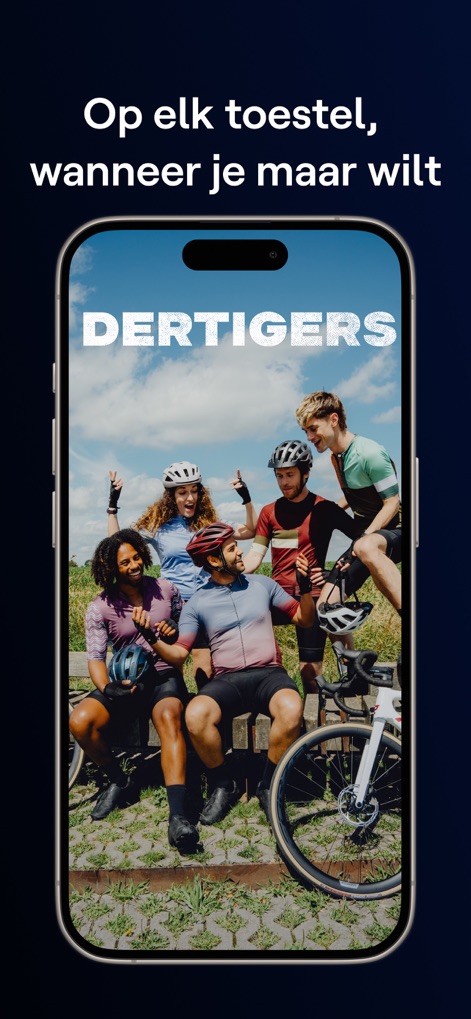 VRT MAX - O aplicativo mostra a série "DERTIGERS" sendo desfrutada, destacando a capacidade de assistir em diversos dispositivos e a portabilidade do conteúdo.