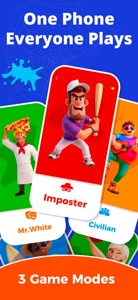 Imposter Game: Spark PartyPass - This tool highlights its "One Phone Everyone Plays" functionality and showcases diverse character cards for different player roles.