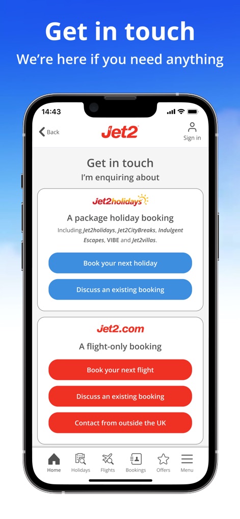 Jet2 - Holidays and Flights - La sección "Get in touch" simplifica la comunicación, presentando botones claros para "Book your next holiday" o "Discuss an existing booking" para viajes combinados y vuelos, facilitando el acceso al soporte.