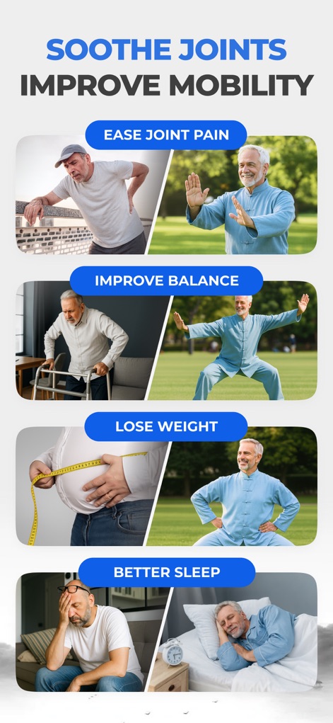 Tai Chi for Beginners Seniors - Esta captura muestra los múltiples beneficios del Tai Chi, ilustrando cómo los usuarios pueden aliviar el dolor articular y mejorar su equilibrio con esta práctica.