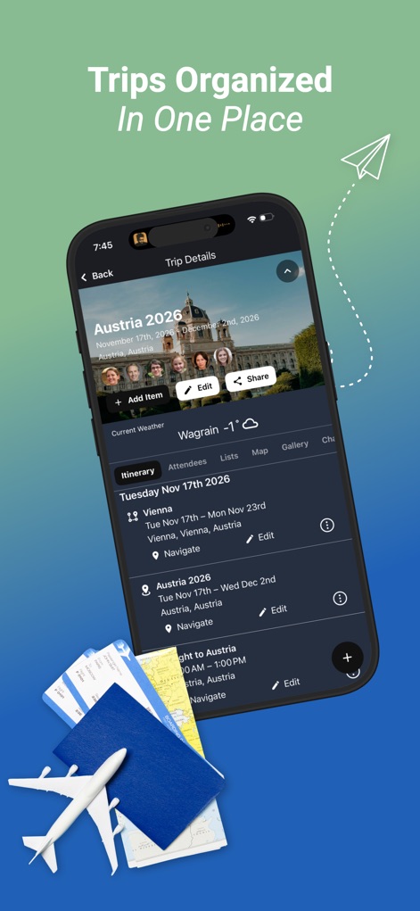 Podz: Family & Group Organizer - 本画面は、旅行の行程を一覧できるイテナリータブを中心に、計画の詳細を効果的に整理します。また、参加者リストと詳細情報が一箇所にまとめられ、スムーズなコミュニケーションを促進します。