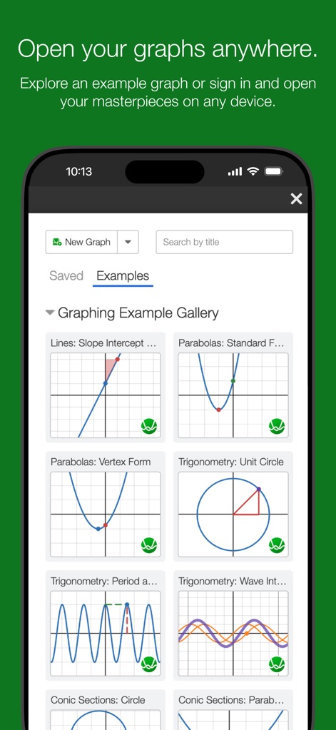 Desmos Graphing Calculator - Os usuários podem navegar por uma extensa galeria de exemplos predefinidos ou acessar seus próprios trabalhos salvos, que incluem diversas representações como parábolas e seções cônicas, garantindo acesso conveniente.
