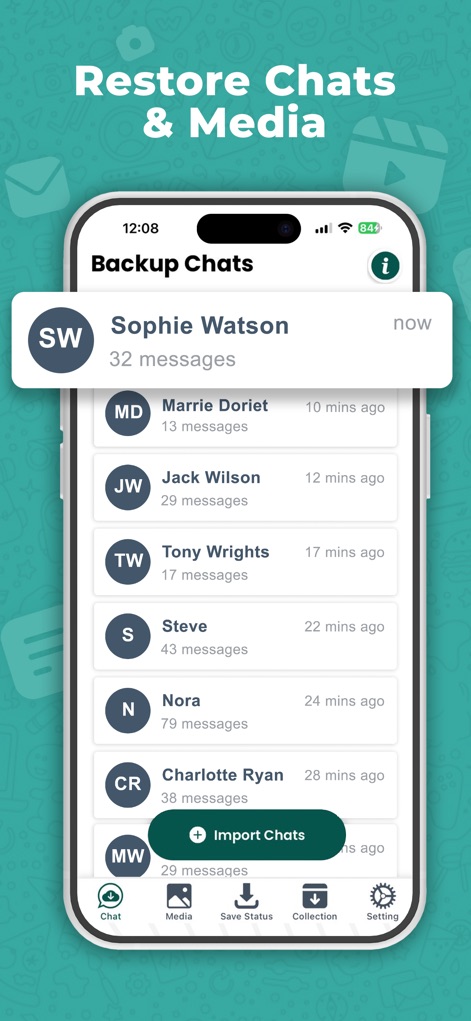 WAMR Recover Deleted Messages - Users can view their "Backup Chats" list, complete with contact names and message counts, and utilize the prominent "Import Chats" button to restore conversations effortlessly.