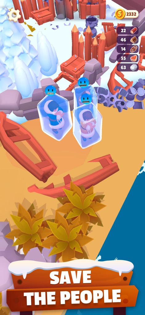 Gold Rush: Frozen Adventures - Witness the crucial task of thawing frozen survivors from ice blocks and managing collected resources displayed in the UI.