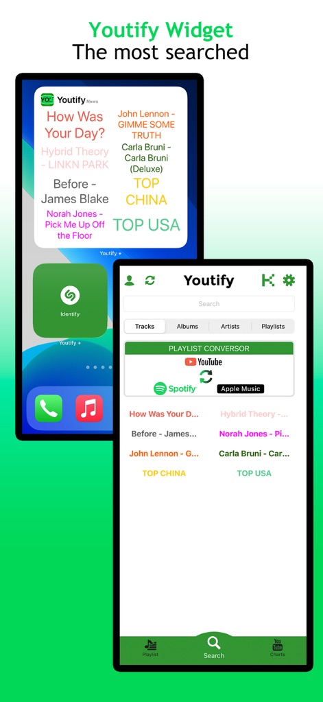 Youtify for Spotify Premium - Das System-Widget bietet schnellen Zugriff auf Youtify-Nachrichten und die Liederkennung, während die App selbst einen Überblick über die meistgesuchten Inhalte und den Playlist-Konverter zeigt.