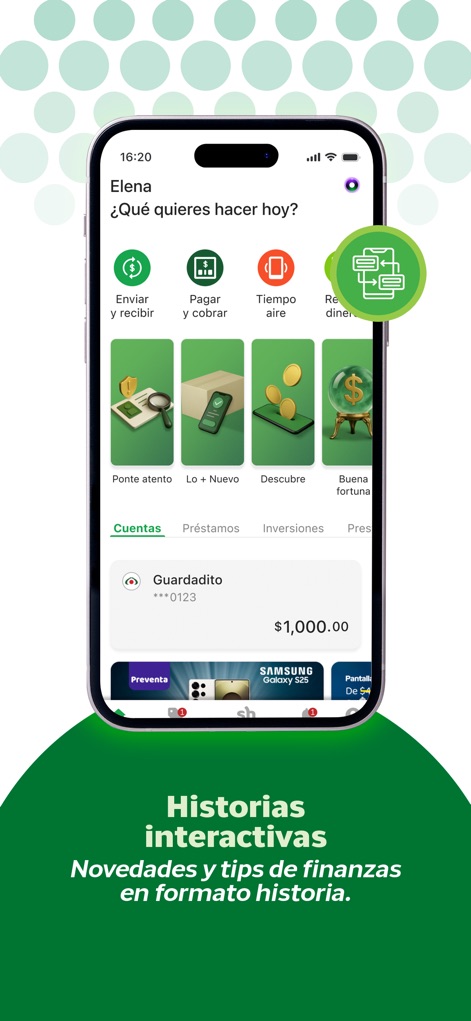 Banco Azteca - Nutzer erhalten auf diesem Startbildschirm einen schnellen Überblick über den Kontostand ihres "Guardadito"-Kontos und können direkt auf häufig genutzte Funktionen wie "Senden und Empfangen" zugreifen.