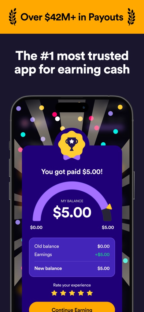 Survey Spin: Get paid cash! - Users can clearly see a "You got paid $5.00!" notification and a detailed "My balance" display, confirming successful earnings within the app.