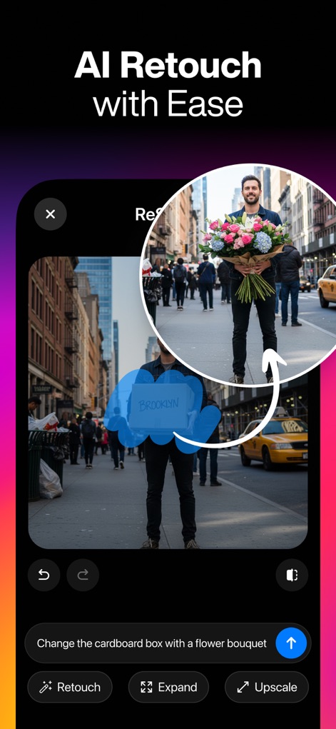 ReShoot: AI Photos & Edits - La aplicación facilita el reemplazo de objetos, como se muestra al cambiar una caja de cartón por un ramo de flores, demostrando la facilidad para modificar elementos visuales.