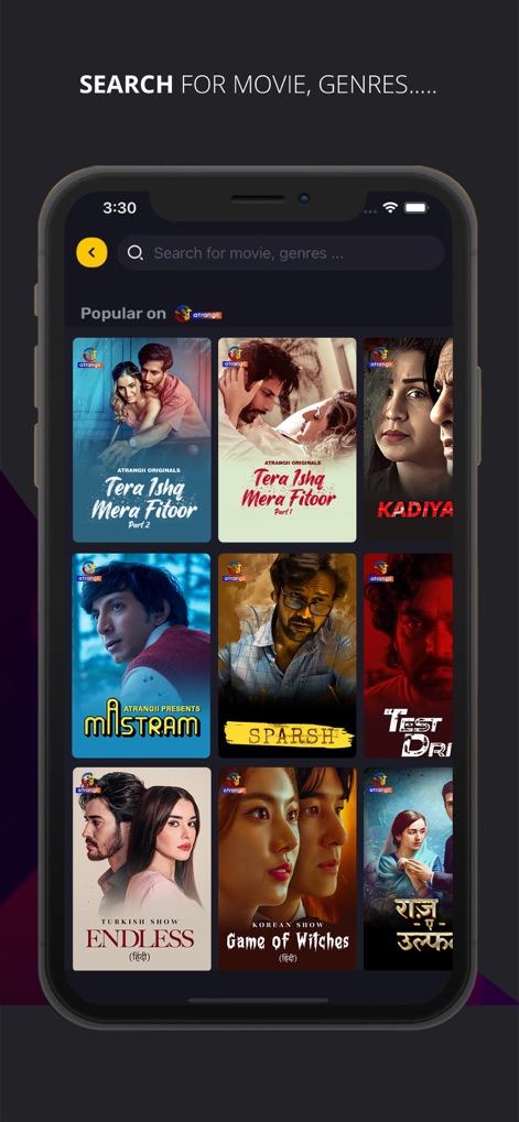 Atrangii - The app's intuitive search bar enables users to efficiently find content, while the grid display highlights a diverse range of popular titles, including international shows.