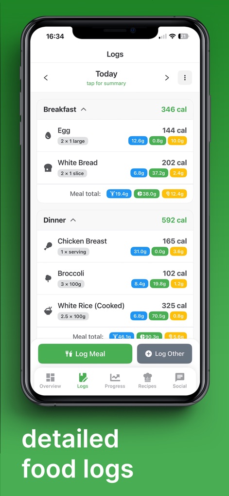 ChowTracker - Los usuarios pueden revisar un historial completo de sus comidas, con un desglose pormenorizado de los alimentos del 'Breakfast' y las etiquetas de macronutrientes para cada entrada.