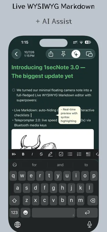 1secNote: Markdown & Prompter screenshot 1 of 8