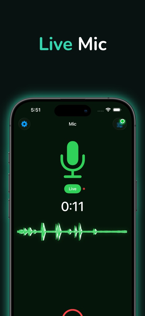 Mic to Speaker - Virtual Mic - This tool's intuitive live microphone interface is displayed, featuring a dynamic real-time waveform and quick access to essential audio settings.