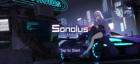 Sonolus - This initial view captivates users with its neon-lit futuristic city backdrop and distinctive anime-style character, setting an immersive tone from the very start.