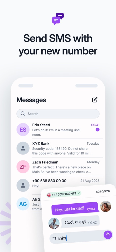 Roamless: eSIM Travel Internet - This view illustrates the app's integrated messaging solution, showcasing conversational threads and a dedicated SMS input interface for seamless communication.