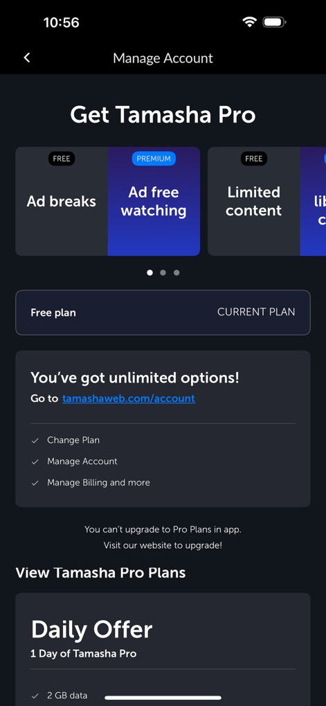 Tamasha: Live TV, Movie, Drama - La section "Manage Account" permet d'explorer les offres "Free" et "Premium", offrant ainsi des choix flexibles pour un visionnage sans publicité et un contenu illimité.
