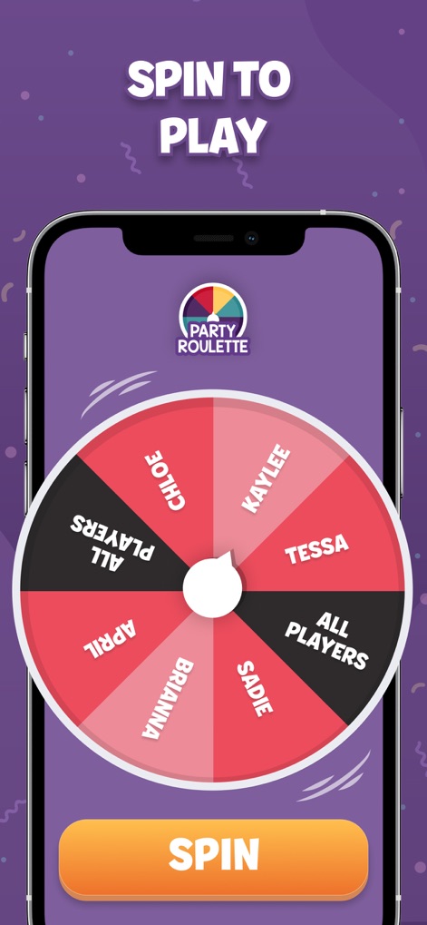 Party Roulette: Group Games - Users engage directly with the dynamic roulette wheel, which displays personalized player names and a clear "SPIN" button, making player selection intuitive and exciting.