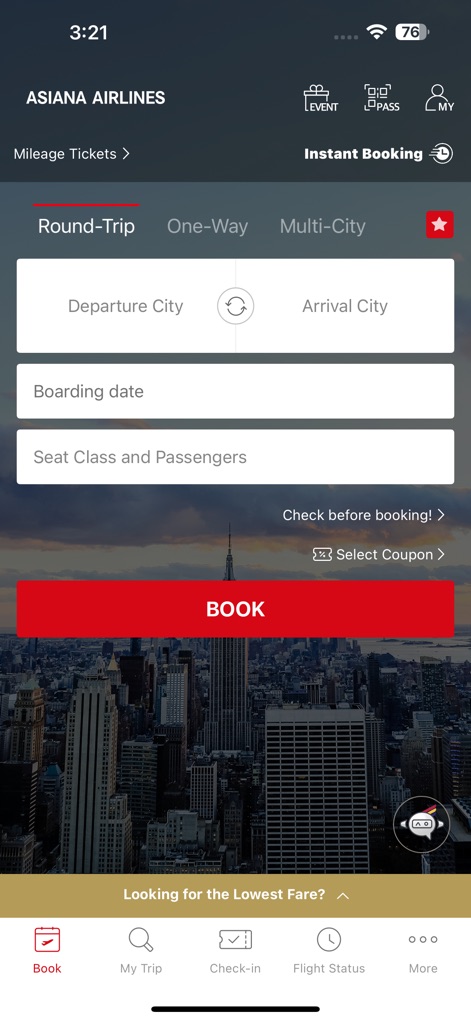 Asiana Airlines - The app streamlines booking with an intuitive flight search form, allowing users to easily select departure/arrival cities and specify seat class and passengers for tailored results.