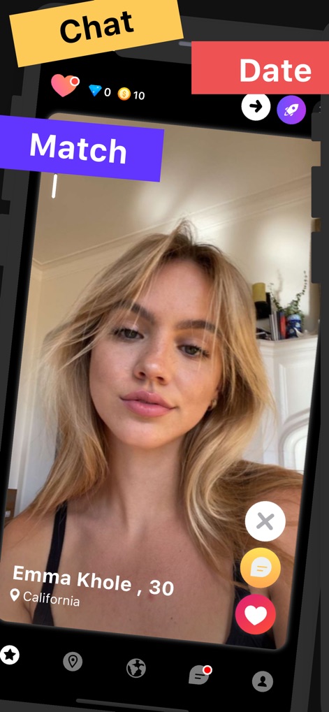 EZMatch: 18+ Dating,Meet&Flirt - Discover the intuitive interface displaying user profile cards, such as 'Emma Khole', and the clear 'Match' and 'Date' options for instant interaction.