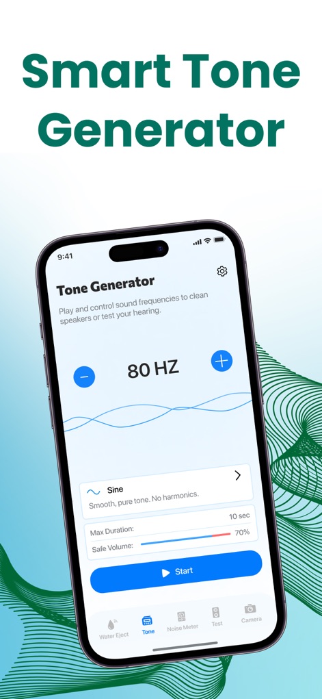 Clear Wave - Water Eject App - The Tone Generator feature allows precise sound control, displaying the 'frequency at 80 Hz' and an option to select 'diverse waveforms' like Sine.