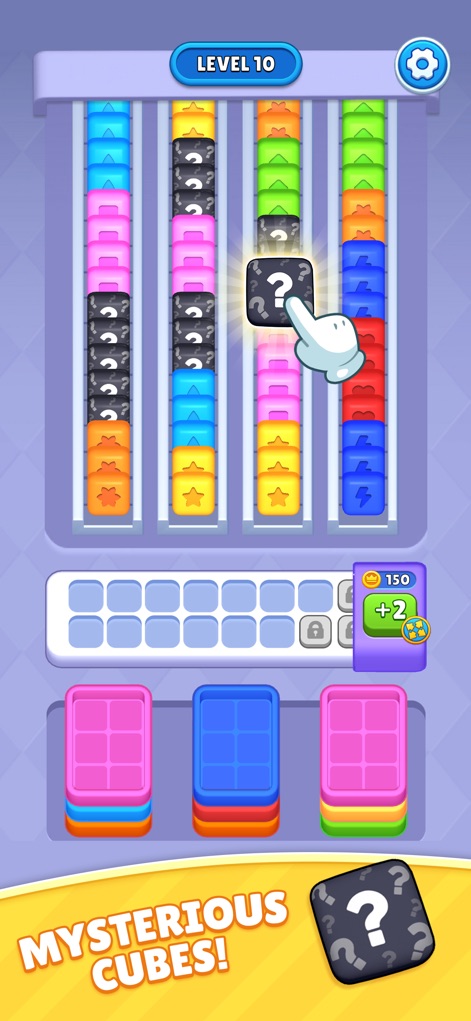 Sorting Cube Jam - Players are introduced to intriguing 'Mysterious Cubes' with question marks, adding an element of surprise and complexity to the sorting challenge.