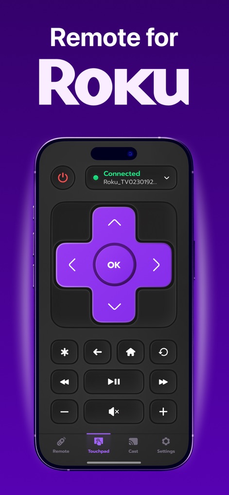 Remote Control for Roku TV ◦ - La aplicación transforma el dispositivo móvil en un control remoto con navegación direccional y control de volumen integrado para una experiencia fluida.
