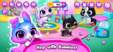 FLOOF - My Pet House - This view highlights playful rabbit interactions within a specialized environment, featuring interactive equipment like a trampoline and colorful musical instruments.