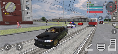 Criminal Russia 3D. Boris - The app showcases its detailed city environments, featuring distinct Soviet-era apartment blocks and an active tram line integrated into the road traffic system.