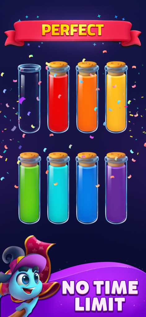 Sort Jam - Aquí se observa la satisfacción de completar un nivel con frascos perfectamente ordenados por color, acompañados de confeti festivo, y el mensaje 'No Time Limit'.