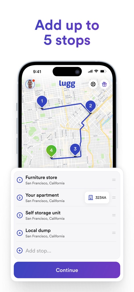 Lugg - Moving & Delivery - La herramienta permite a los usuarios añadir hasta 5 paradas a su ruta, con una clara representación visual en el mapa y una lista editable que detalla cada destino, como el "Furniture store" o el "Self storage unit".