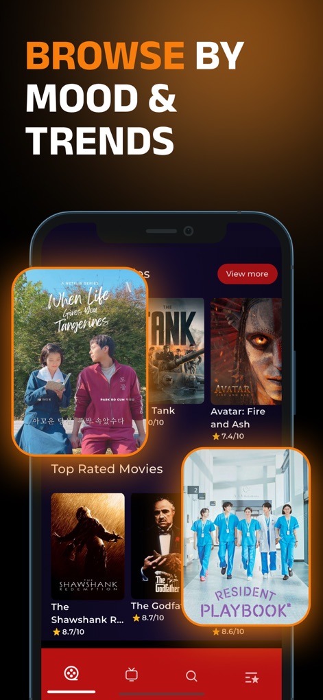 Castle Movies: Tv Series,Drama - Users can effortlessly navigate diverse content categories, from trending selections to critically acclaimed top-rated movies, all accessible via an intuitive bottom navigation bar.