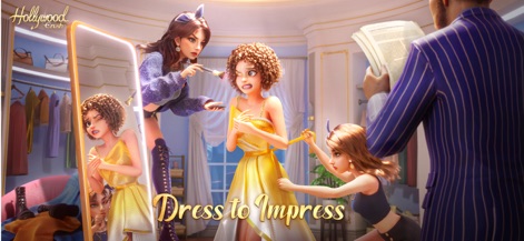 Hollywood Crush - Users can witness a glamorous style transformation, highlighting the character's opulent gold dress and the detailed dressing room mirror reflecting the ongoing preparation.