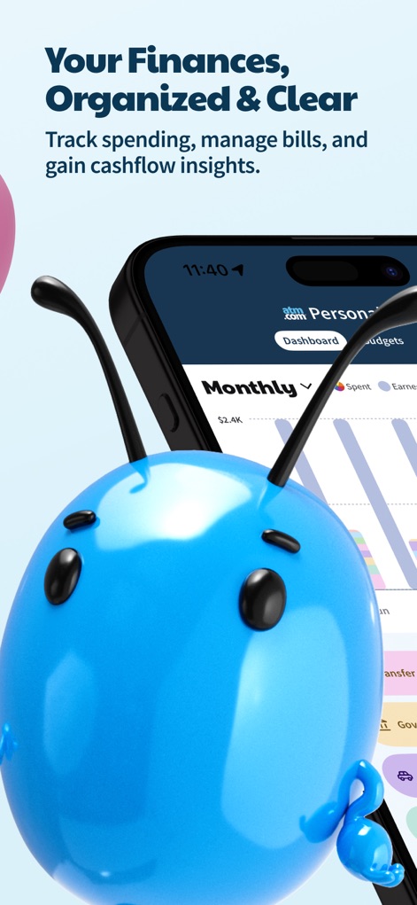 ATM Cash Advance・Instant Money - ユーザーはパーソナルファイナンスダッシュボードで、「月ごとの支出を示す棒グラフ」と、「カテゴリ別の支出内訳リスト」を視覚的に確認できます。