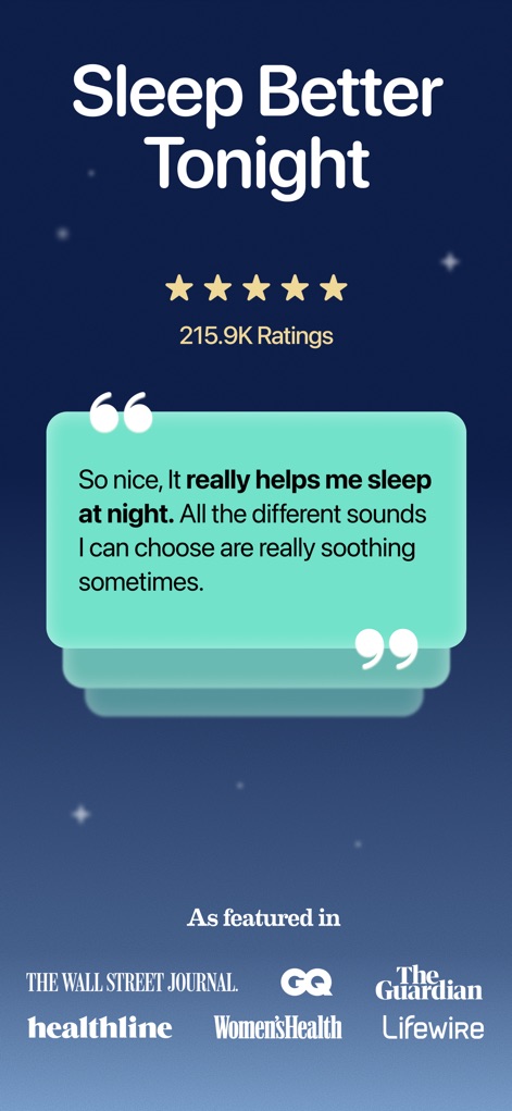Bedtime Fan: White Noise Baby - La credibilidad de la aplicación se refuerza con "215.9K Ratings" y testimonios positivos de usuarios, además de ser destacada en medios reconocidos como The Wall Street Journal y The Guardian, demostrando su eficacia.