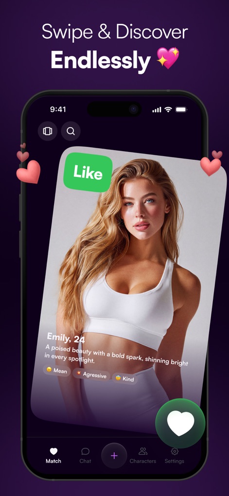MyChar: Chat with AI Friends - Users can 'Swipe & Discover' new AI companions, exploring detailed profiles that highlight key 'character traits' like 'Mean' or 'Kind' for tailored matching.