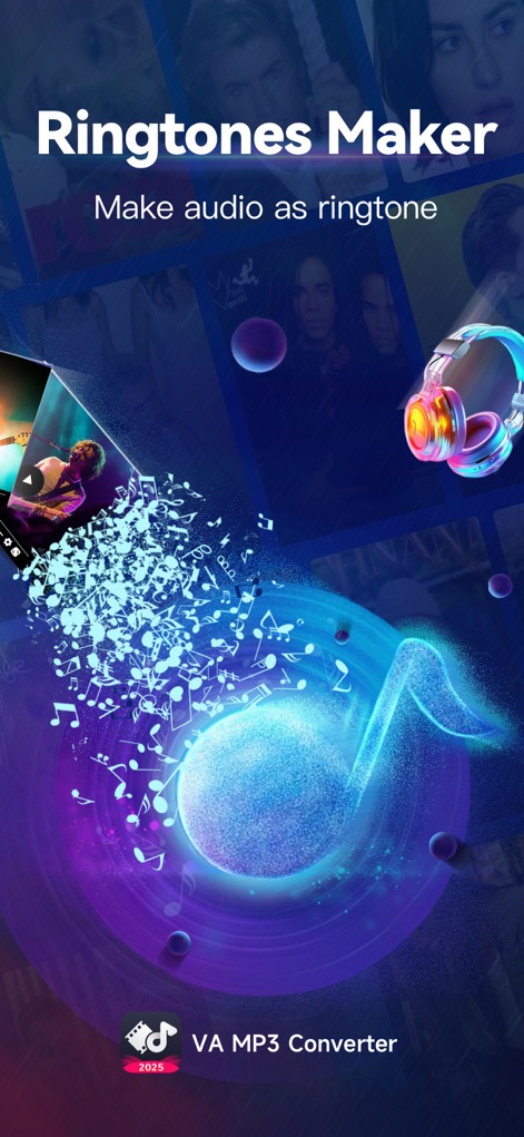 MP3 Converter - Audio Trimmer - Users can personalize their mobile experience, transforming audio into unique ringtones, as depicted by the dissolving music note and stylish headphone icon.