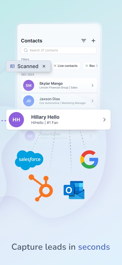HiHello: Digital Business Card - O aplicativo centraliza o gerenciamento de contatos com filtros para "Scanned" e "Live contacts", e demonstra integração fluida com CRMs líderes de mercado como Salesforce e HubSpot.