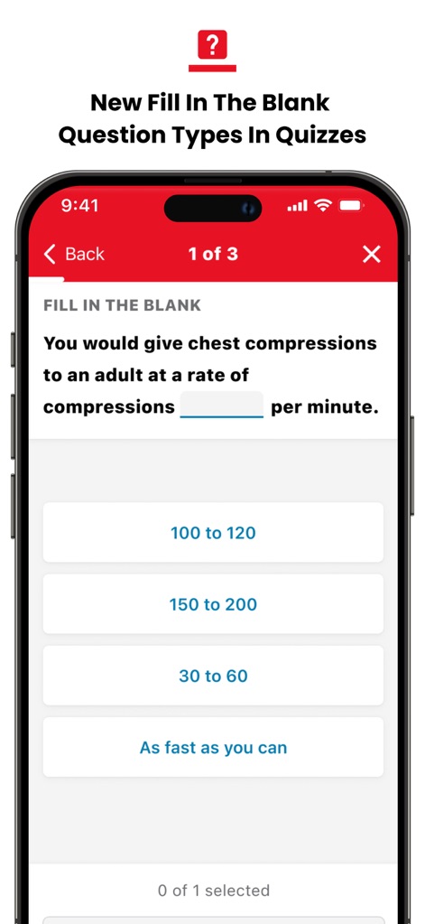 First Aid: American Red Cross - Los usuarios pueden consolidar sus conocimientos con la interfaz del cuestionario 'FILL IN THE BLANK' y elegir entre opciones de respuesta predefinidas para validar su comprensión de técnicas de primeros auxilios.