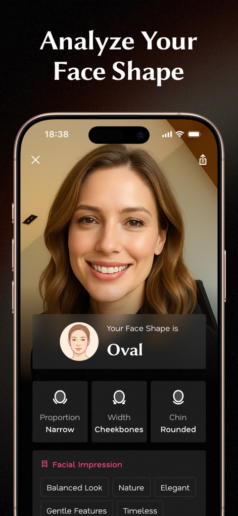 Glowify - AI Hairstyle Try On - The app provides detailed face shape identification, such as 'Oval', accompanied by a comprehensive feature analysis covering proportion, width, and chin characteristics.