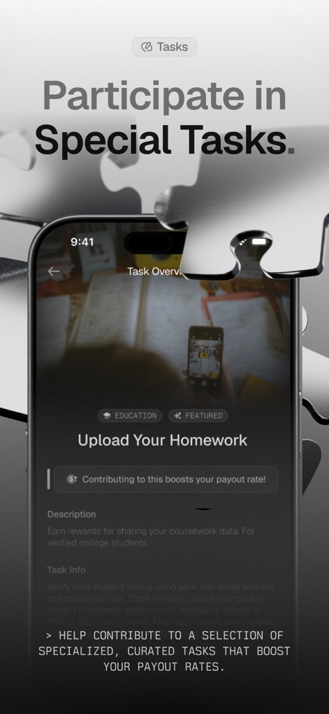 Kled - Explore the 'Task Overview' screen to find unique earning opportunities, such as the 'Upload Your Homework' task, clearly indicating how contributing boosts payout rates.