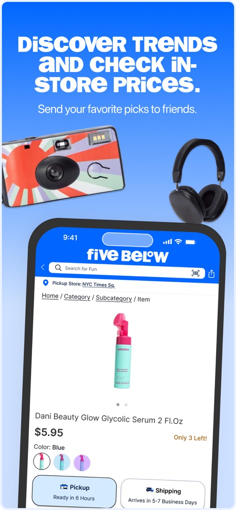 Five Below - Users gain in-depth knowledge about individual products, seeing specific details for items like the 'Dani Beauty Glow Glycolic Serum' and understanding 'Pickup' and 'Shipping' options.