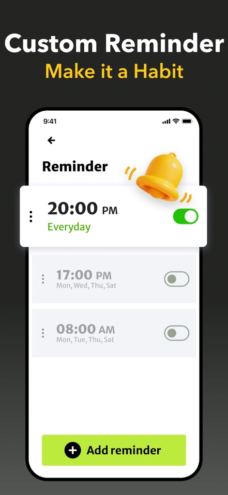 Jawline Exercises, MewingCoach - La función de "Custom Reminder" permite personalizar la hora y frecuencia del entrenamiento, mostrando un "ícono de campana" para notificaciones.
