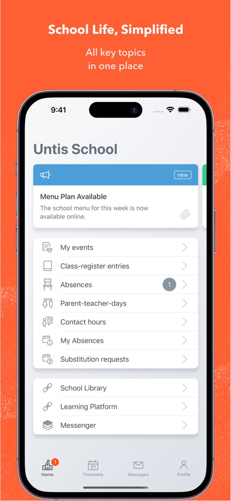 Untis Mobile - This tool centralizes key academic information, presenting a comprehensive list of modules from 'Menu Plan Available' to 'Learning Platform'.