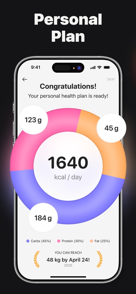 Calz - Calorie Counter AI - L'application génère un plan de santé personnalisé, affichant un objectif calorique journalier de 1640 kcal/jour et une prévision de perte de poids motivante, telle que '48 kg by April 24!', avec une répartition macro détaillée.