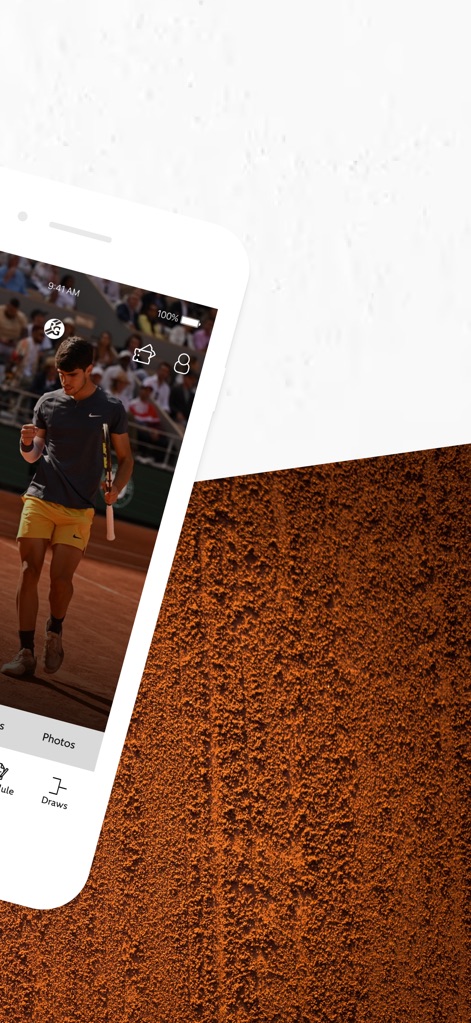 Roland-Garros Official - This app delivers dynamic player photography and organizes content across comprehensive event categories like 'Photos' and 'Draws'.